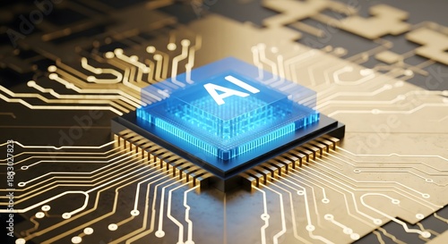 Fototapeta Naklejka Na Ścianę i Meble -  Conceptual Artificial Intelligence (AI) microprocessor glowing blue on a detailed gold printed circuit board (PCB), representing modern technology, big data, and machine learning.