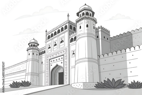 Minimalist vector landscape of Mehrangarh Fort in monochrome style