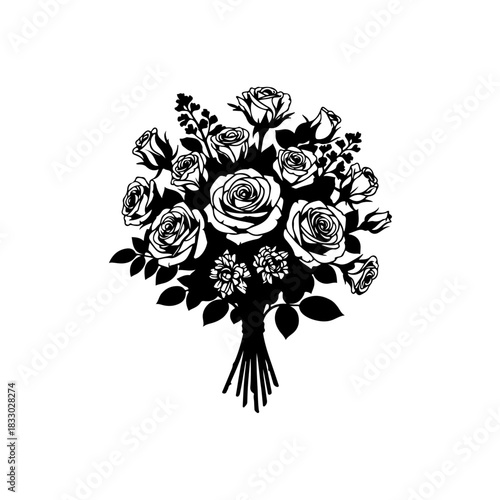 Elegant black and white rose bouquet vector illustration with intricate flower blooms and buds, perfect for wedding invitations, valentine's day cards, and romantic themes