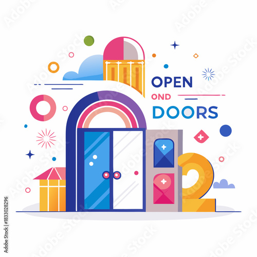 Open doors concept with colorful abstract elements and number two