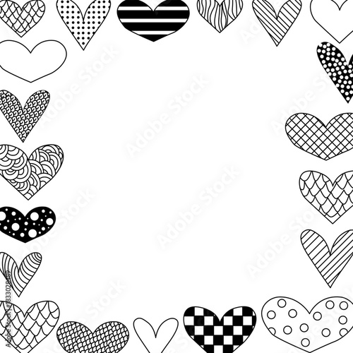 Doodle hearts Frame square Valentine's Day. Vector graphic line black and white illustration. Silhouette sign for logo, print, comics, fashion, pop art, boards, design, stickers, decoration, posters