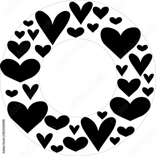 Black hearts Frame circle square Valentine's Day. Vector graphic line black and white illustration. Silhouette sign for logo, print, comics, fashion, pop art, boards, design, stickers, decoration