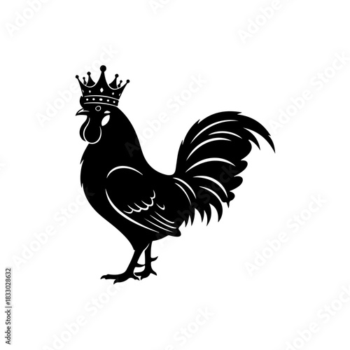 Stylized black rooster silhouette with crown vector illustration. royal chicken icon for logo, emblem, or branding design. king of the roost symbol isolated.
