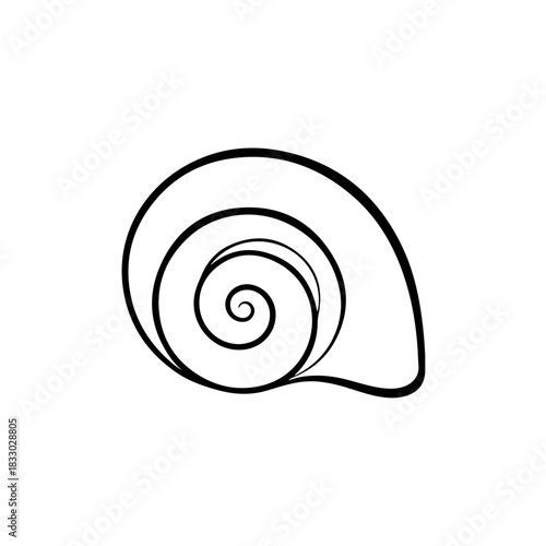 Minimalist black line art spiral seashell vector illustration. simple conch shell outline for ocean and marine life designs isolated on white background.