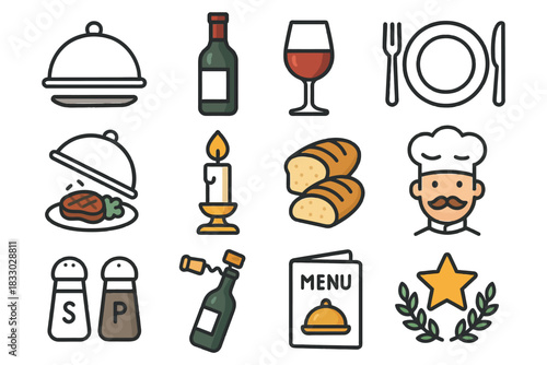 Restaurant icons: food, chef, wine, menu, dining elements illustrated.