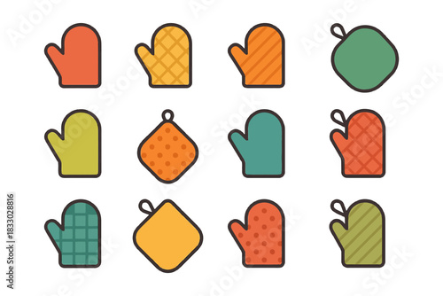 Colorful oven mitts and pot holders collection for kitchen decor.
