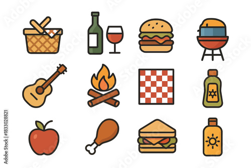Picnic essentials: basket, wine, grill, guitar, campfire, blanket, condiments, food icons.