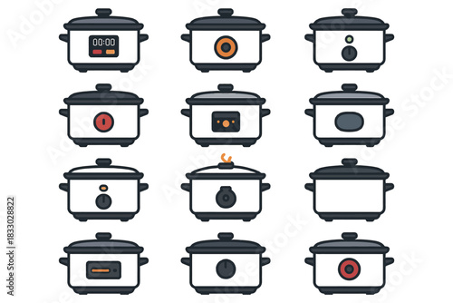 Collection of twelve slow cookers in various designs and controls.