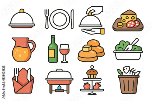 Colorful food icons set with cheese, wine, and dining elements.