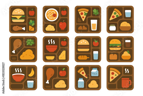 Colorful assorted lunch trays with diverse foods and beverages.