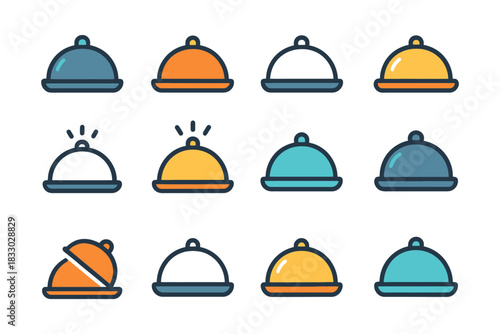 Colorful cloche icons set in various styles and colors.