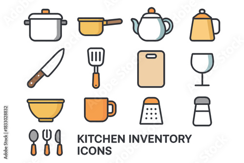 Colorful kitchen utensils and appliances icons set.