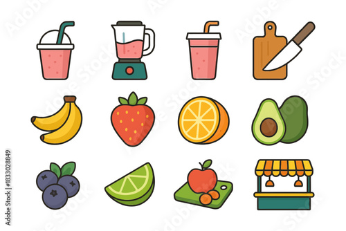 Colorful fruit smoothie icons featuring blender and market stall illustrations.