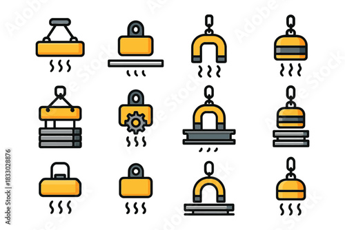 Industrial magnet icons collection - various types and designs for lifting and handling.