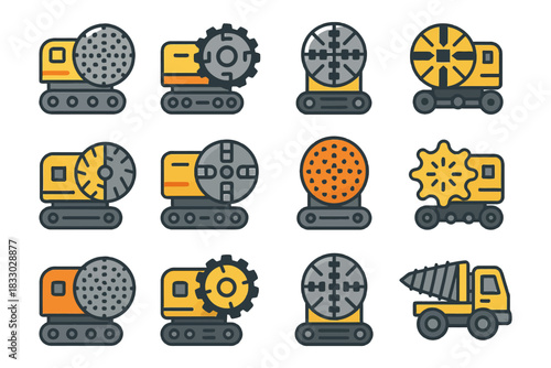 Icon set of construction and excavation machines with various attachments.