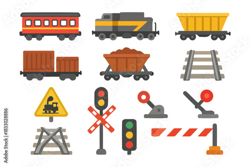 Colorful train elements and symbols including locomotive, cargo cars, rails, and signal signs.