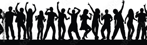 Dancing and singing silhouettes, group performance, stage energy, black and white art, festive motion, entertainment motif, concert celebration