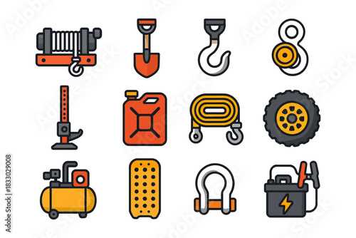 Off-road equipment icons: winch, shovel, hook, jerry can, air compressor, battery.