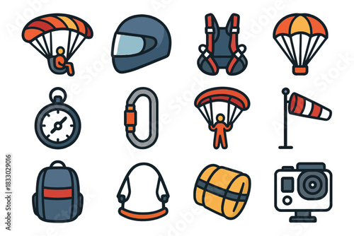 Paragliding equipment icons: helmet, parachute, harness, windsock, adventure gear.
