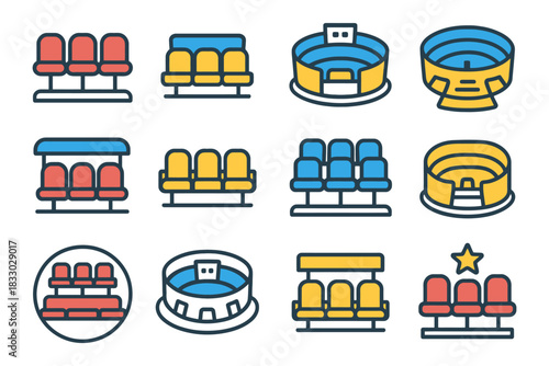 Icon set of stadium and seats: colorful bleachers and arenas.