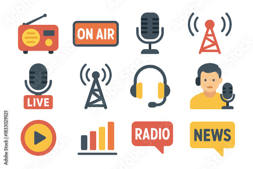 Radio broadcasting icons: microphone, antenna, headphones, news, live.