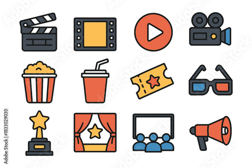 Icon set: cinema, movie, entertainment, film, theater, popcorn, ticket, camera, megaphone.