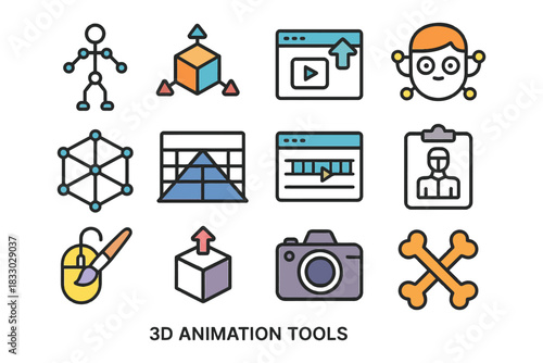 3d animation tools icon set featuring software and design elements.