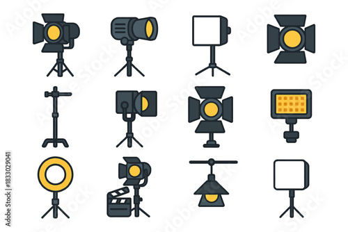 Collection of various studio lighting equipment icons on white background.