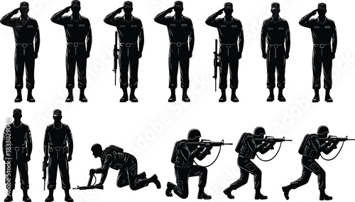 Military soldier silhouettes vector collection, army men saluting and fighting, black infantry figures with rifles, isolated war concept for graphic design elements.
