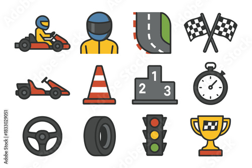 Go-kart racing icons: driver, track, podium, and trophy elements.