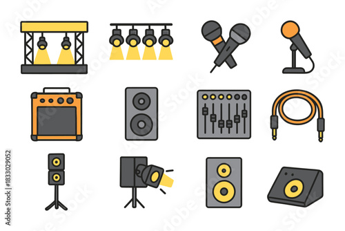 Audio equipment icons: microphones, speakers, mixer, cables, amplifier set.