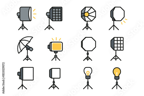 Set of studio lighting equipment icons for professional photography.