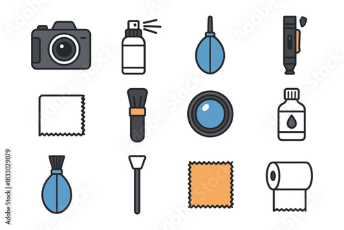 Camera cleaning tools icons set including lens blower and cleaning cloth.