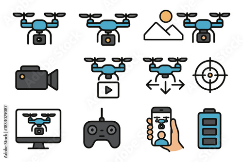 Drone icon set: cameras, controls, and functions.