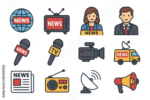 News media icons: tv, radio, microphone, newspaper, satellite, megaphone.