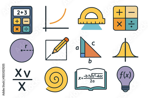 Mathematical icons collection featuring calculator, graphs, geometric shapes, and symbols.