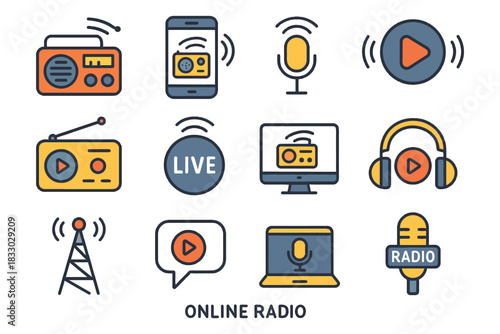 Icon set illustrating online radio streaming and broadcast tools.