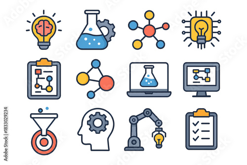Science and technology icons featuring lab equipment and digital concepts.
