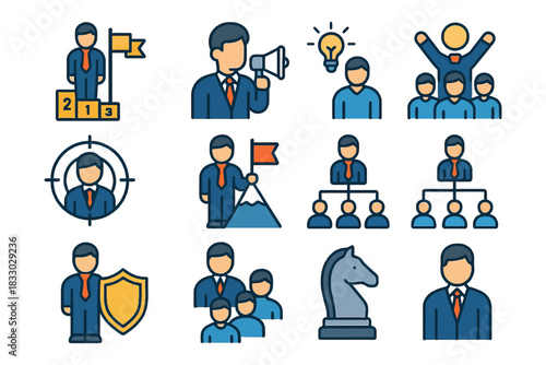 Business leadership icon set illustrating teamwork, motivation, and strategy concepts.