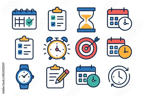 Colorful collection of time management and planning icons.