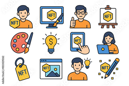 Cartoon nft concept art with people using technology and creativity.