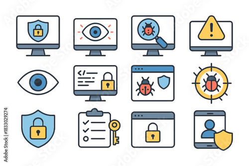 Cyber security icons: protection, monitoring, antivirus, caution alerts.