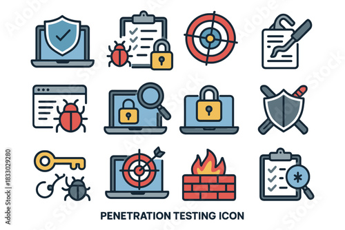 Penetration testing icon set: cybersecurity, bugs, locks, shields, firewalls.