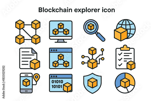 Blockchain explorer icon set with network, computer, and security elements.