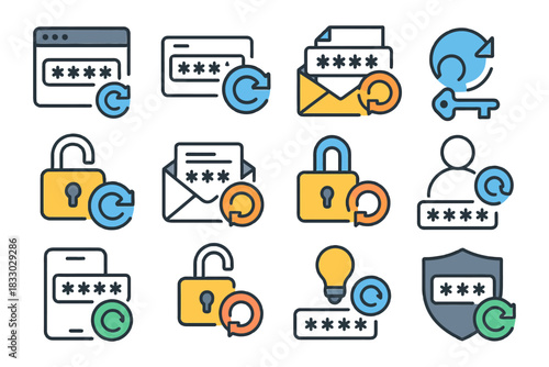 Password security icons with locks, shields, and refresh arrows for digital safety.