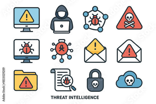 Cybersecurity icons highlight threat intelligence and vulnerabilities.