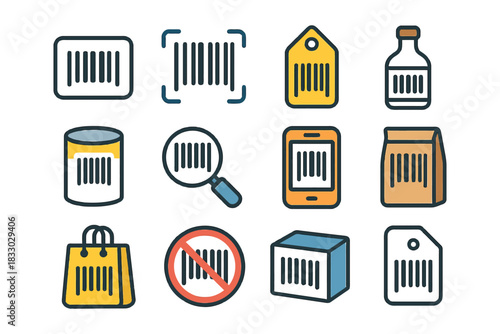 Barcode icons collection: varied uses in packaging and retail.