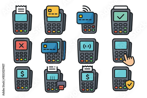 Colorful payment terminal icons: transactions, cards, contacts, payments, displays.