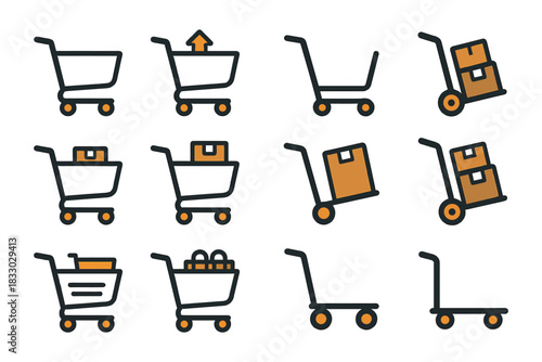 Shopping cart and trolley icons with packages and arrows.