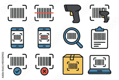 Barcode scanning technology icons for digital devices and retail solutions.
